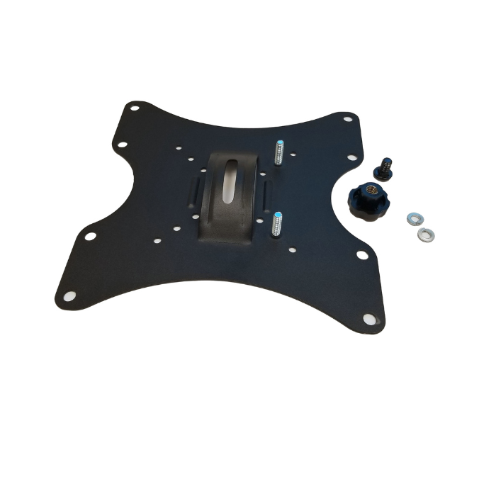 A black VESA bracket for Infor ceiling mount, with mounting screws and bolts.