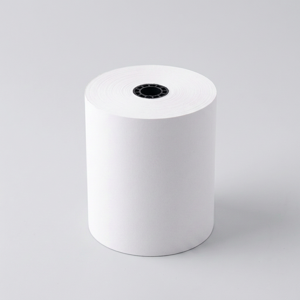 A roll of light beige paper or tape standing upright on a plain white background.