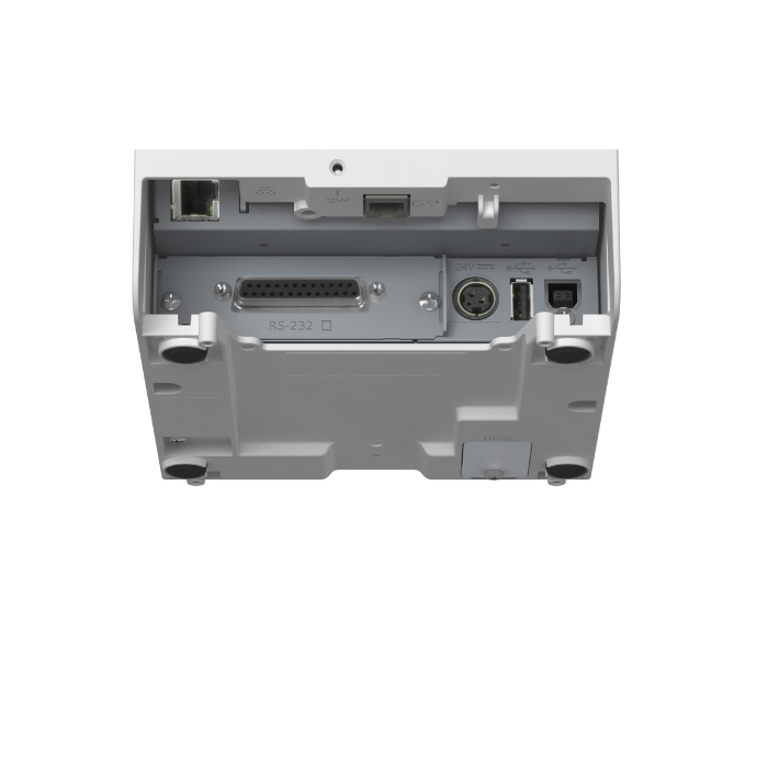 Rear view of Epson TM-T88VII thermal receipt printer showing connection ports.