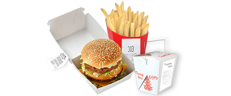 Burger box, fries, and takeout container showing printed adhesive POS order labels