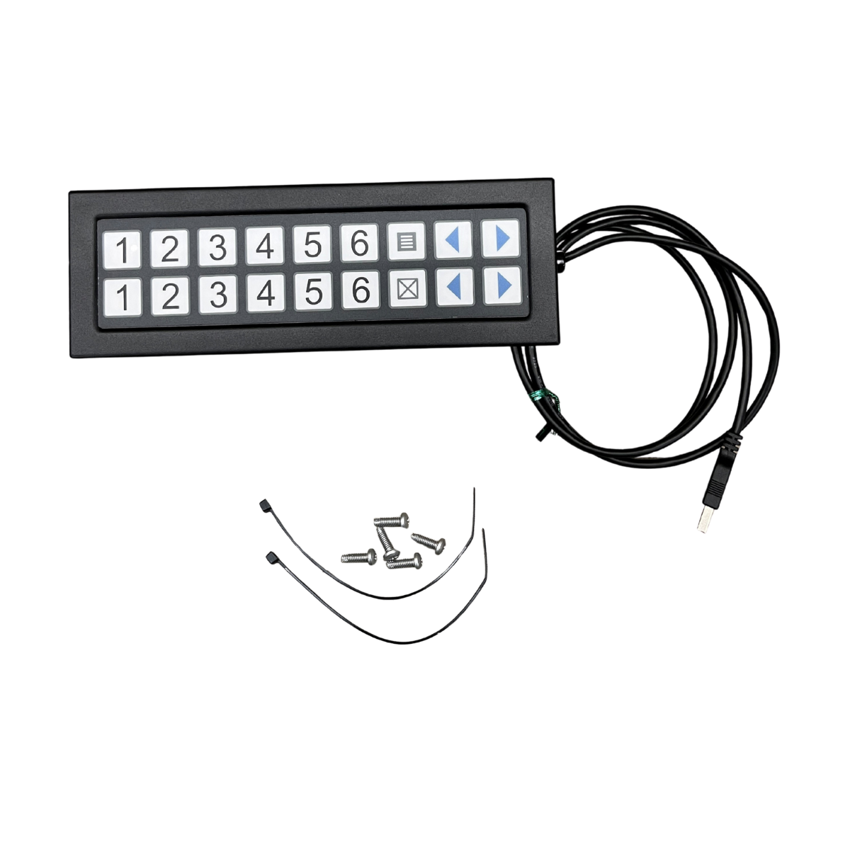 Black Infor bump bar featuring numbered keys, function buttons, a connected USB cable, and included mounting hardware on a white background.