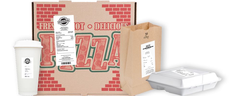 Food packaging with printed adhesive order labels on pizza box, paper bag, and takeout container.