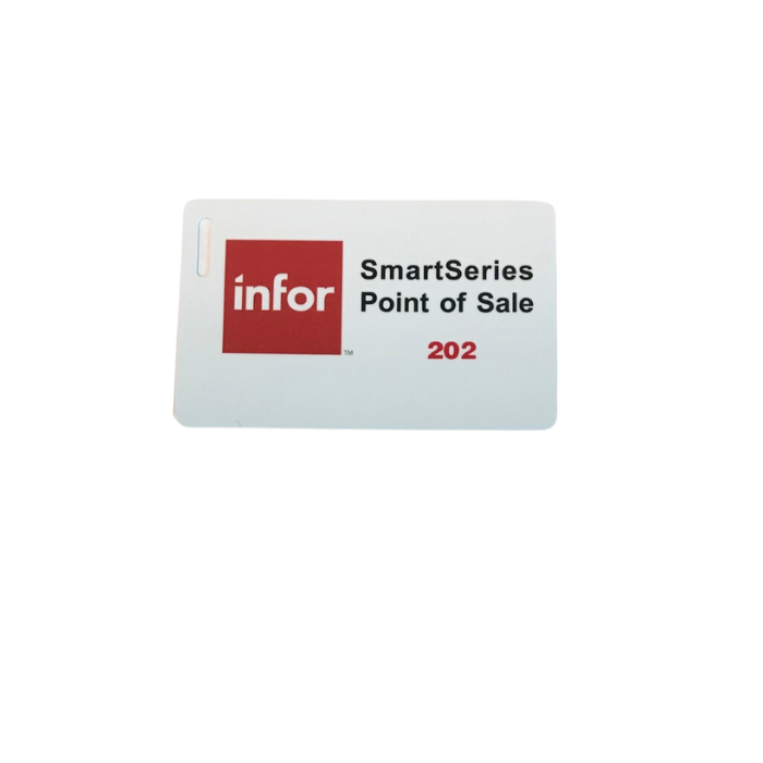 A white magnetic stripe employee swipe card with 'SmartSeries Point of Sale 202' printed in red and black on the front.