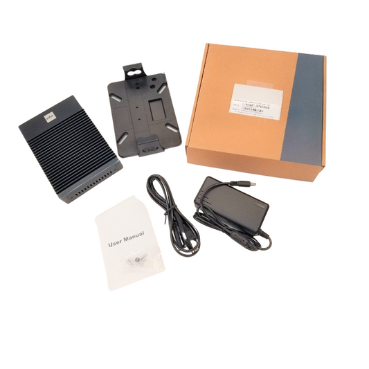 A collection of items including a black server device, a power supply, cables, and a brown box with a product label.