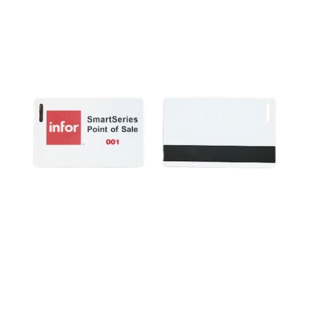 Front and back view of magnetic stripe employee swipe cards for POS systems.