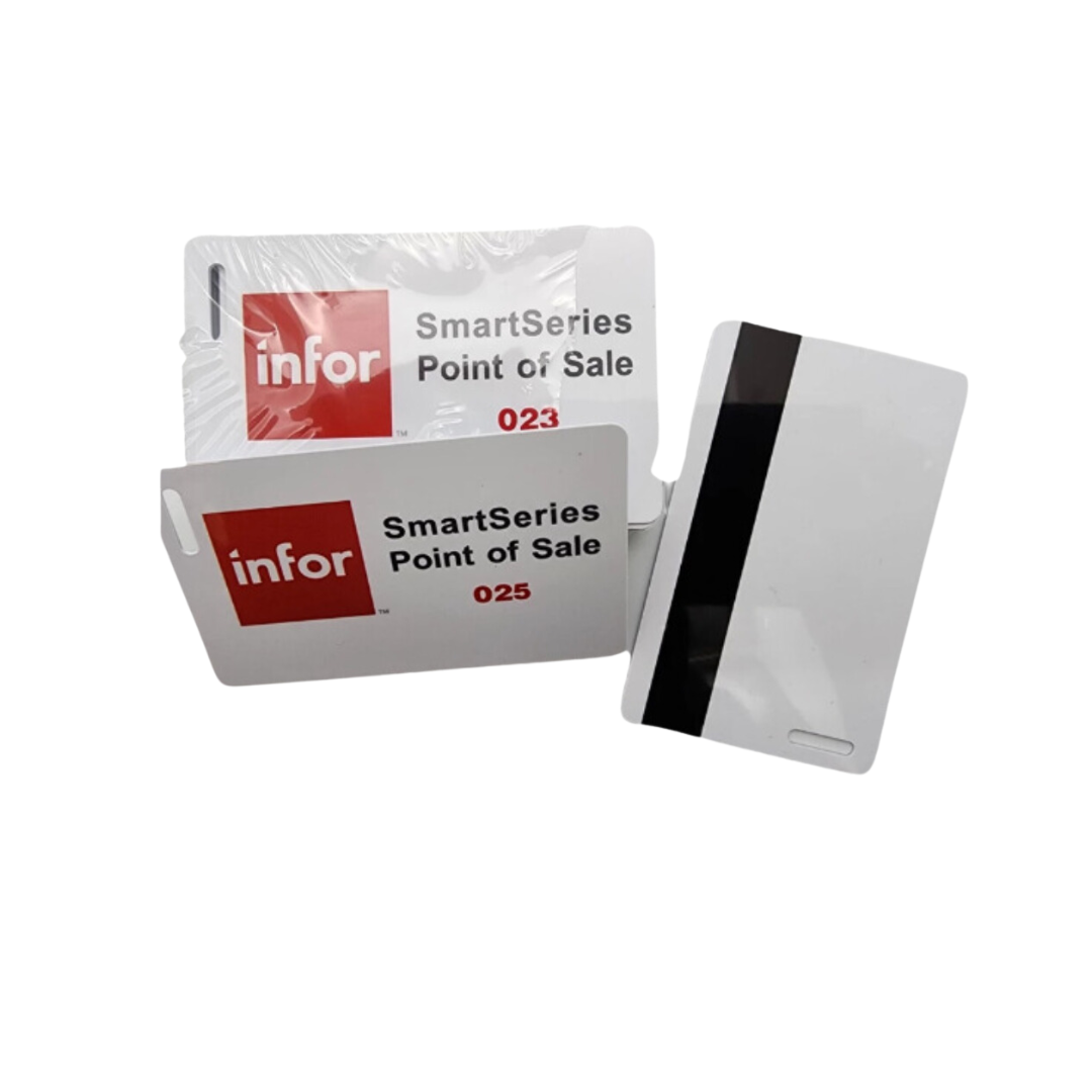 A pack of Infor SmartSeries POS Cards, containing 25 employee swipe cards in white color with magnetic stripes, displayed with its packaging.